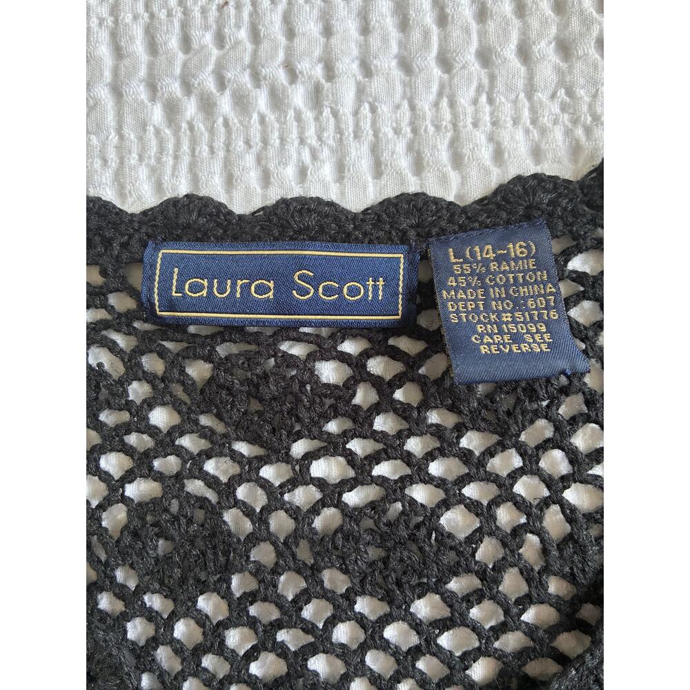 Vtg Laura Scott Crochet Cardigan Women L Black Floral Whimsigoth Dark‎ Cottage - Picture 3 of 16